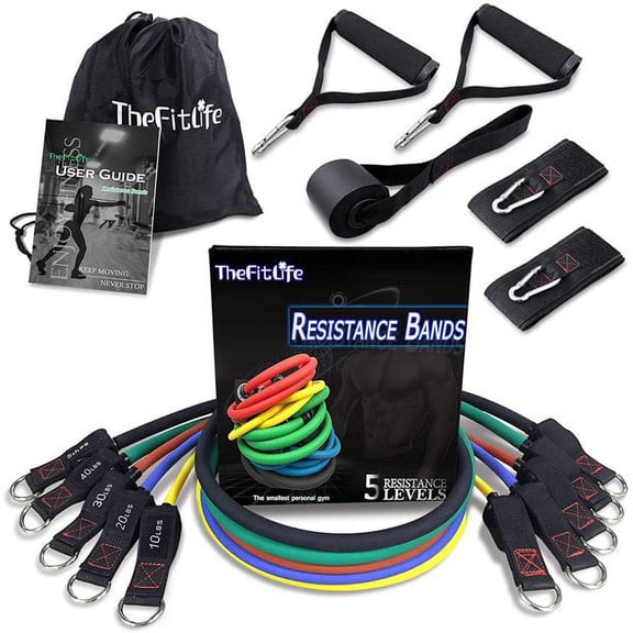 TheFitLife Resistance Bands with Handles - 5 Fitness Workout Bands Stackable up to 150 lbs, Exercise Tubes with Large Handles, Ankle Straps, Door Anchor, Carry Bag(150lbs)