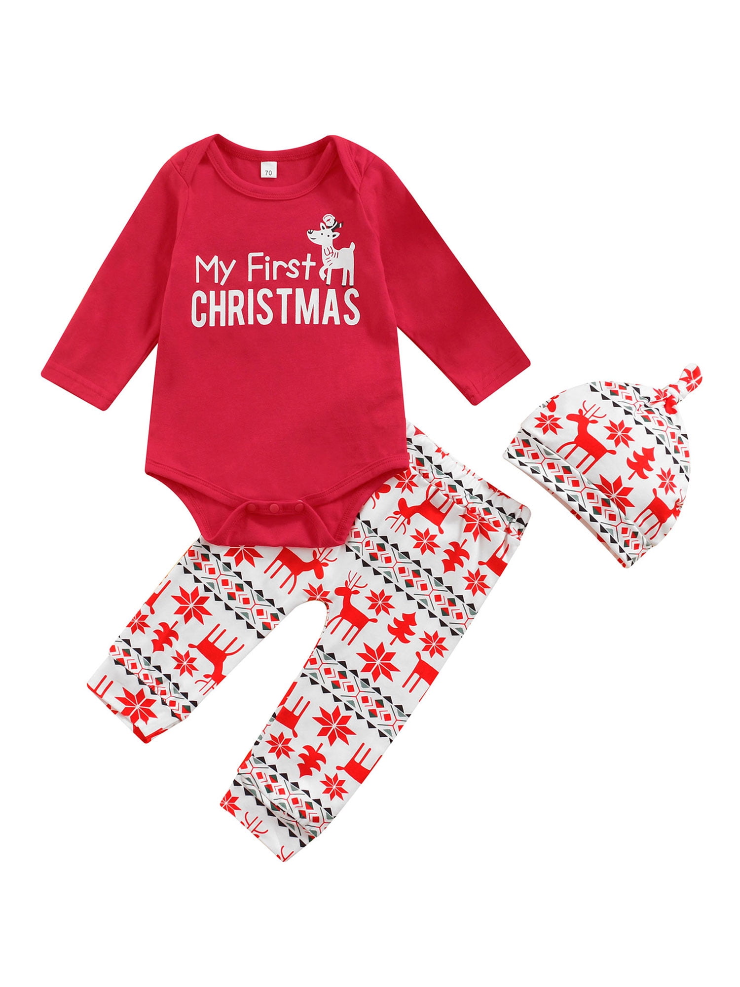 Christmas 3pcs Baby Reindeer Print Red Long-sleeve Cotton Romper and Trousers Set
