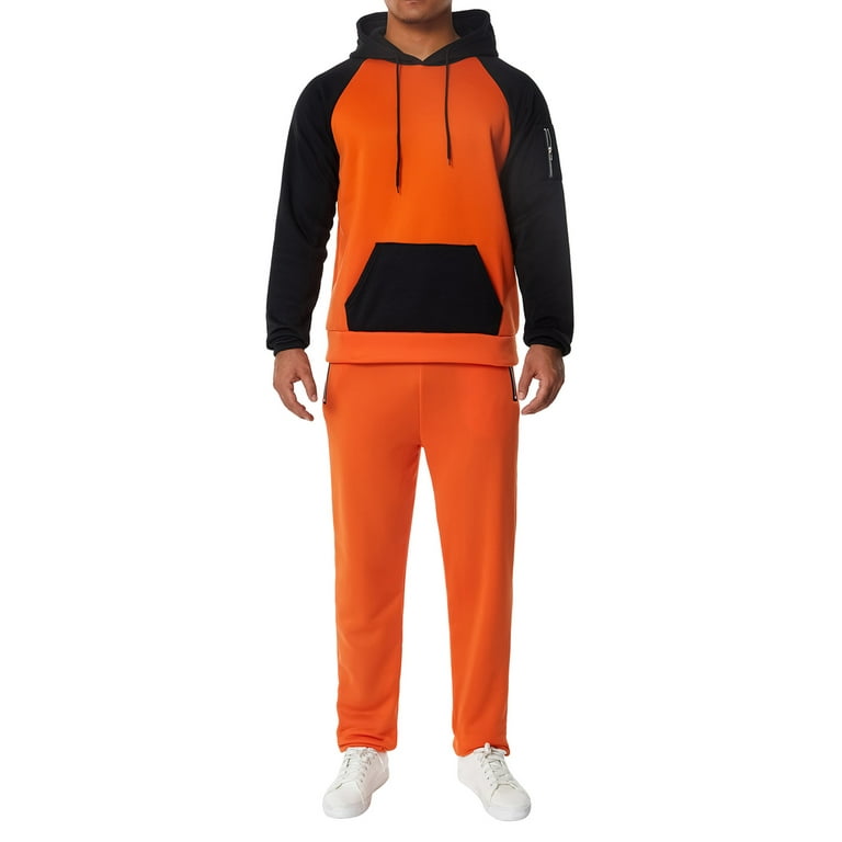 TheFound Men's Tracksuits Sport Outfits Fall Winter Clothes Long Sleeve  Pullover Hoodies Sweatshirt+Sweatpants 2Pcs Set Orange Black XXL