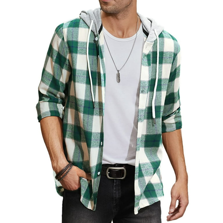 TheFound Mens Flannel Plaid Hoodie Shirts Jacket Regular Fit Long Sleeve  Casual Button Down Lightweight Shirt Green XXL