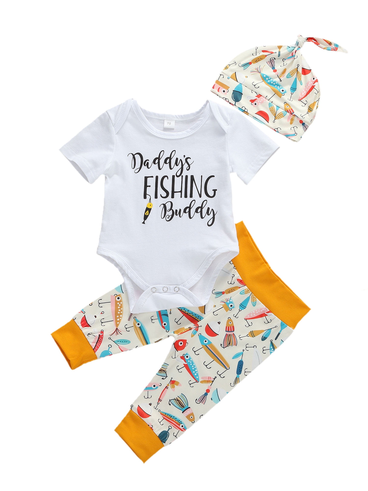 TheFound Newborn Baby Boy Daddy's Fishing Buddy Outfits Short Sleeve Letter  Romper Pants Hat Summer Clothes 