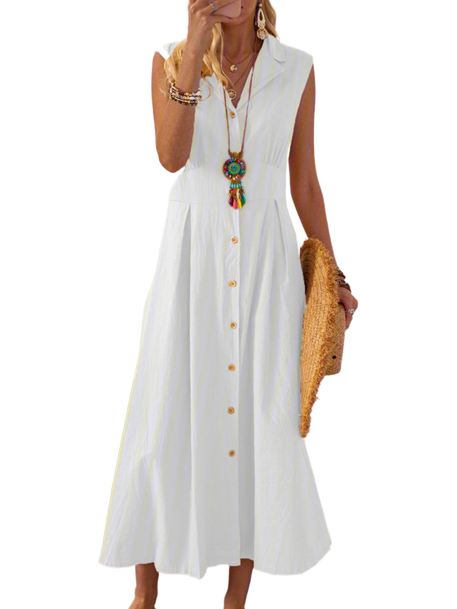 chinese dress ladies Women Summer V-Neck Cotton Linen Loose Dress – Babakud