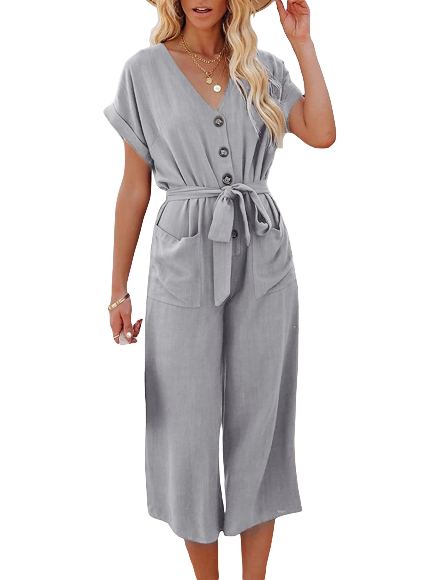 TheFound Women Casual Jumpsuit Short Sleeve Wide Leg V Neck Button ...