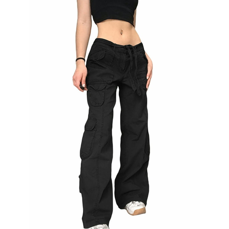 TheFound Women High Waisted Flare Pants Gothic Baggy Bell Bottom Flap  Pocket Cargo Pants Loose Casual Trousers