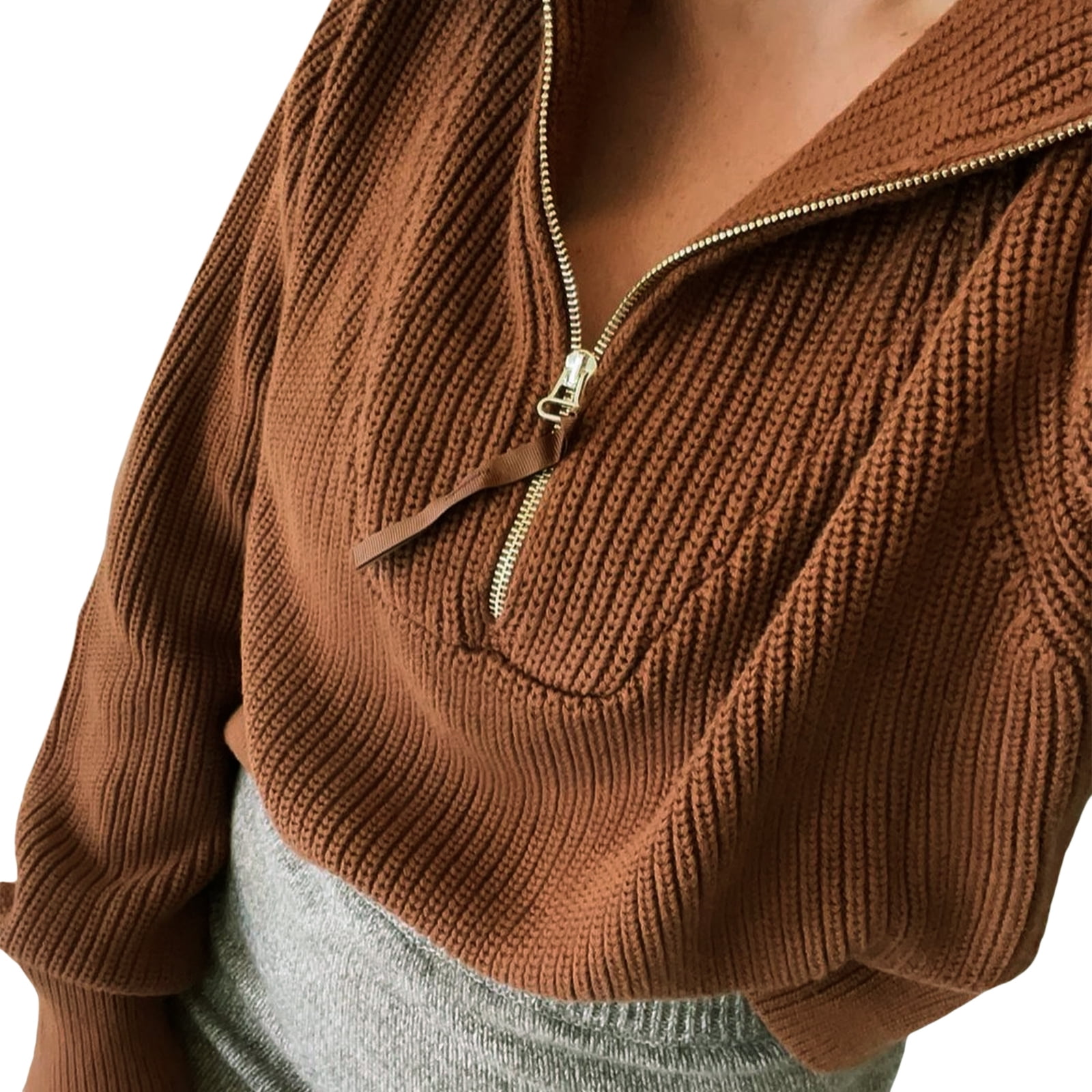 TheFound Women Oversized Half Zip Sweater Long Sleeve Turtleneck Knitted  Pullovers Fall Winter Vintage Knitwear Sweatshirt Brown XL 
