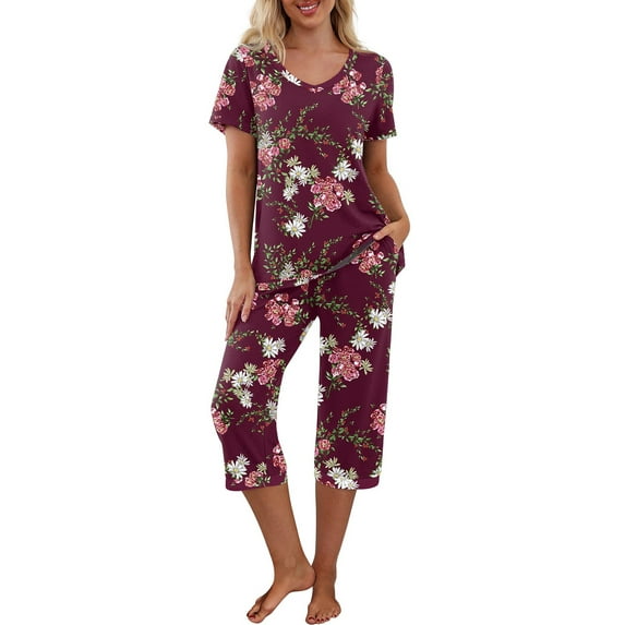 TheFound Women Pajama Sets Short Sleeve V-Neck Sleepwear Top with Capri Pants Summer Pjs Loungewear Set