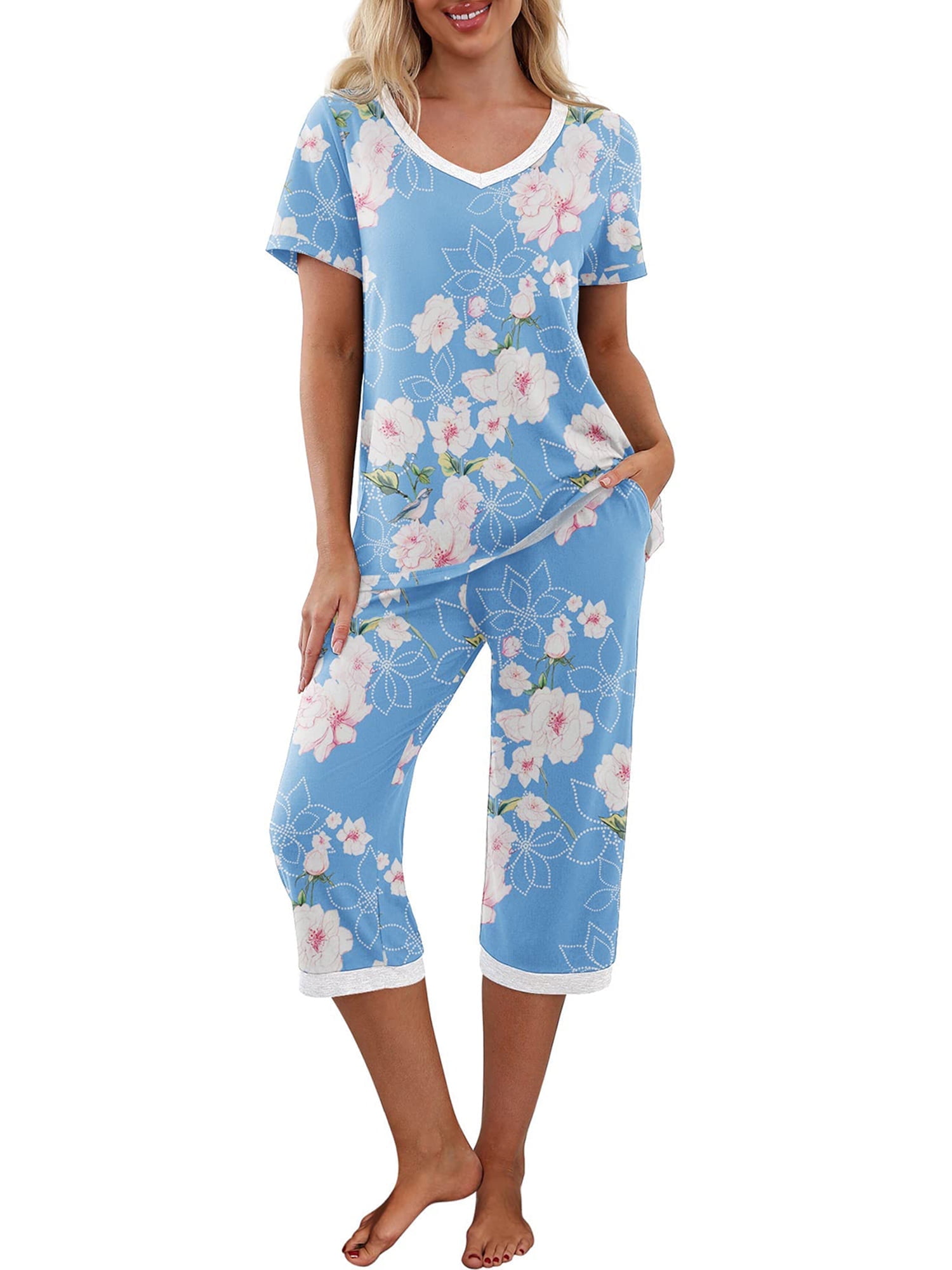 TheFound Women's Cotton Pajama Set: Short Sleeve V-Neck Top with Capri ...