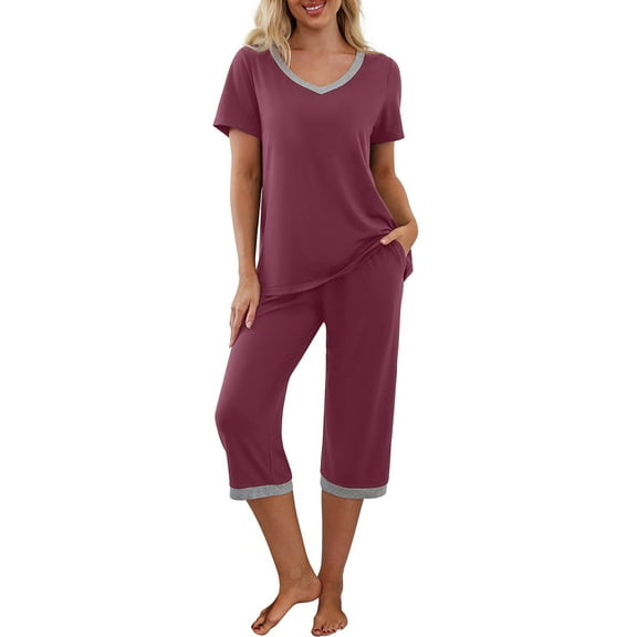 TheFound Women Pajama Sets Short Sleeve V-Neck Sleepwear Top with Capri Pants Summer Pjs Loungewear Set