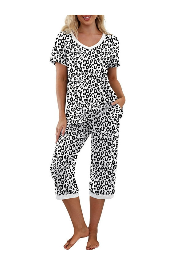 Women Pajama Sets Short Sleeve V-Neck Sleepwear Top with Capri Pants Summer Pjs Loungewear Set
