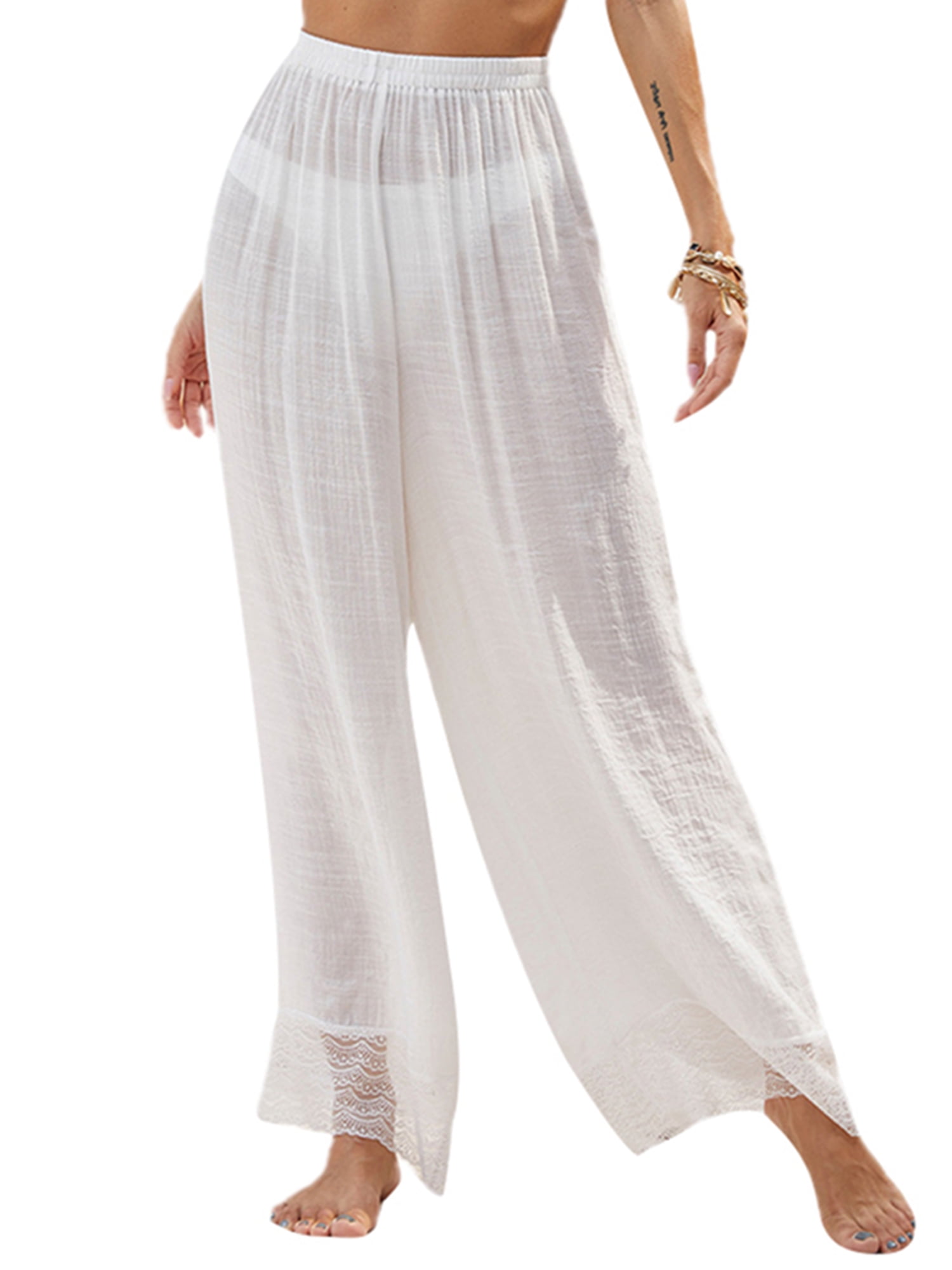 Women See Through Wide Leg Cover Up Pants High Waist Sheer Mesh Pants  Swimsuit Palazzo Beach Pants 