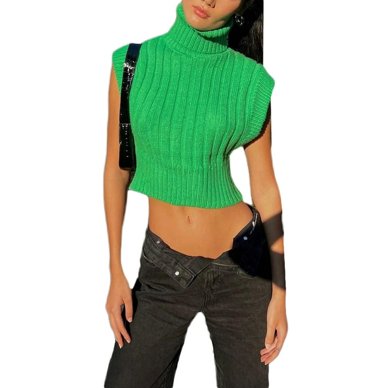 TheFound Women Sleeveless Turtleneck Sweater Vest Vintage Ribbed Knit Tank  Top Shoulder Pad Knitwear Jumper Streetwear Green L