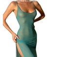 thumbnail image 1 of TheFound Women Spaghetti Strap Low-Cut Mesh Long Dress Sexy See-Through High Split Club Party Dress, 1 of 6