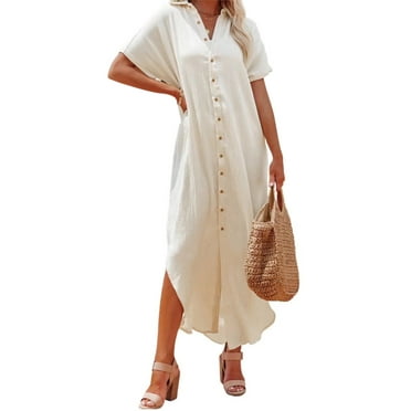 TheFound Women Swimsuit Cover Up Dress Short Sleeve Side Split Button Down Long Shirt Dress Cardigan Maxi Beach Dress