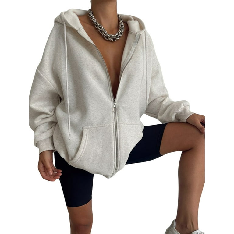 TheFound Women Zip Up Hoodie Sweatshirt Solid Color Oversized Casual Coat Fall Goth Jacket Streetwear Cream White M