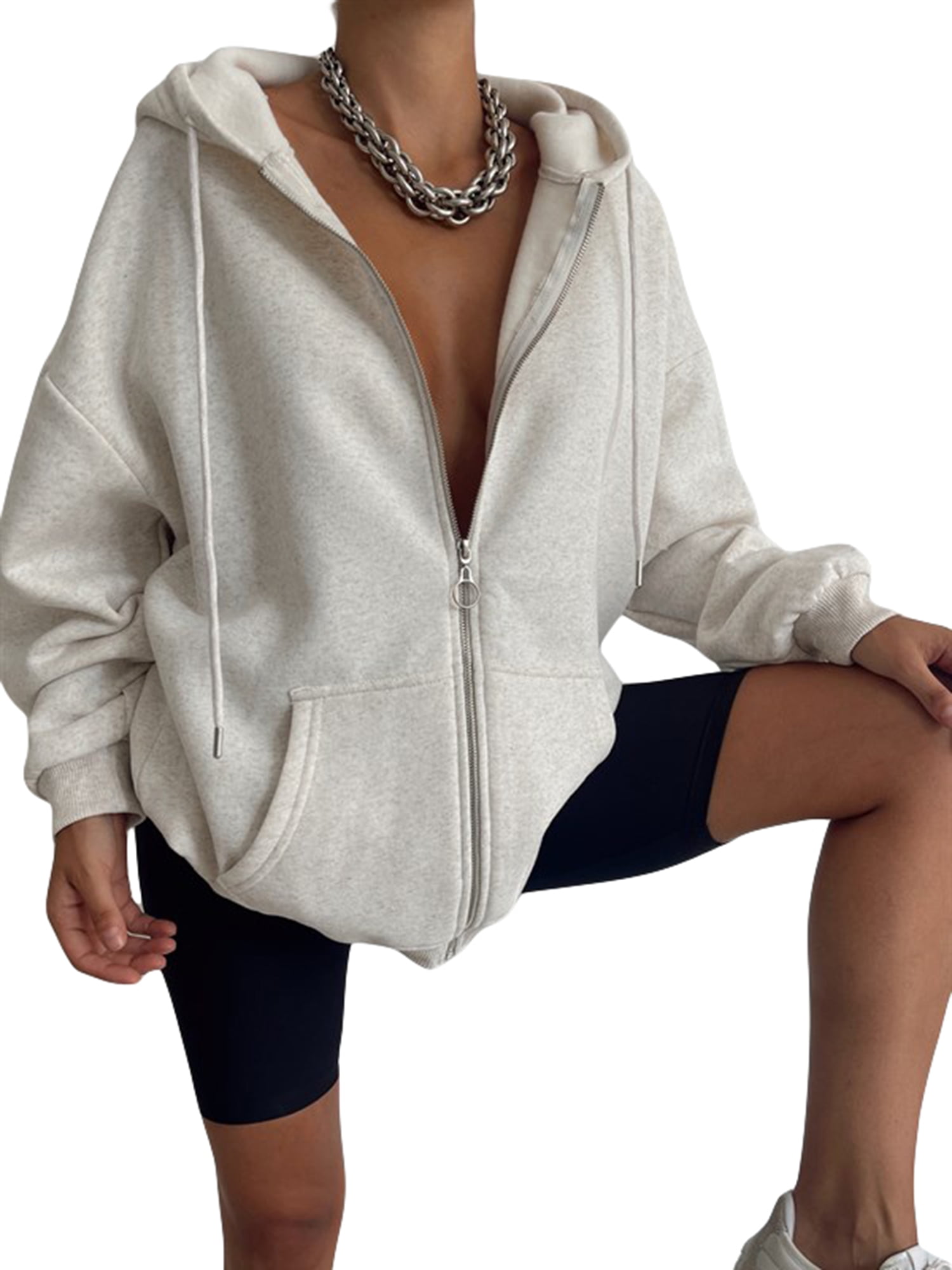 TheFound Women Zip Up Hoodie Sweatshirt Solid Color Oversized Casual Coat  Fall Goth Jacket Streetwear Cream White S - Walmart.com