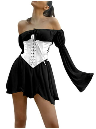 Long-Sleeve Square Neck Bow Ruffle Mini A-Line Dress / Lace Up Buckle  Underbust Corset Top