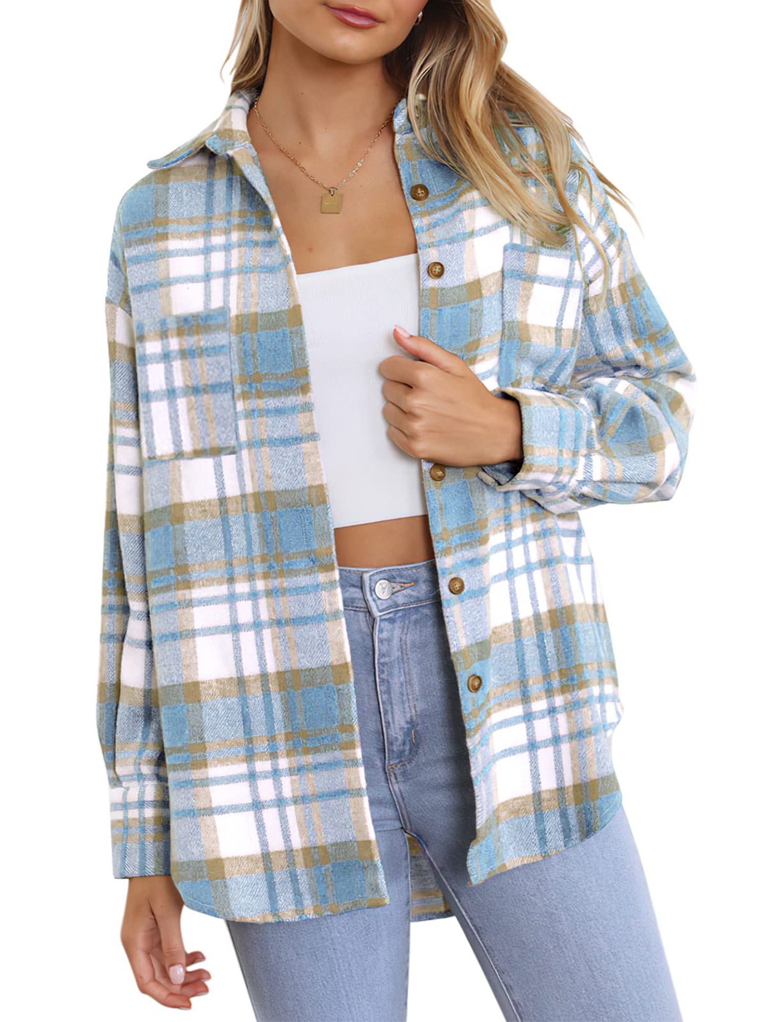 TheFound Womens Cropped Shacket Flannel Jacket Plaid Long Sleeve Button  Down Lapel Fall Crop Flannel Shirt Jacket with Pockets Blue Plaid M