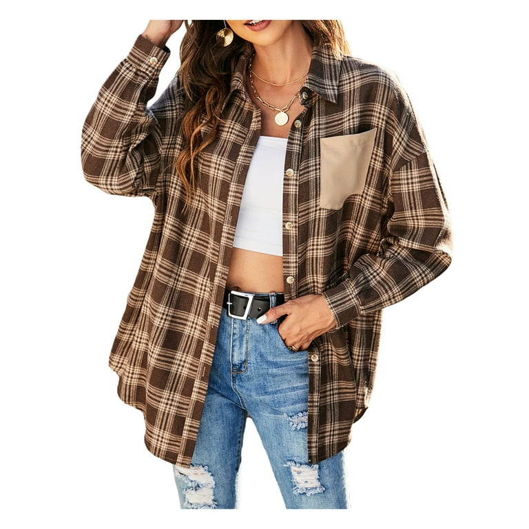 TheFound Womens Flannel Plaid Shirts Oversized Button Down Lapel Collar  Long Sleeve Shirts Blouse Tops Brown M