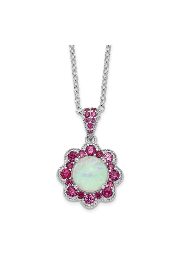 TheJewelryHut Designer SS Cheryl M Rh-pltd Lab Cr. Opal & Red Nano Crystal Flower Necklace