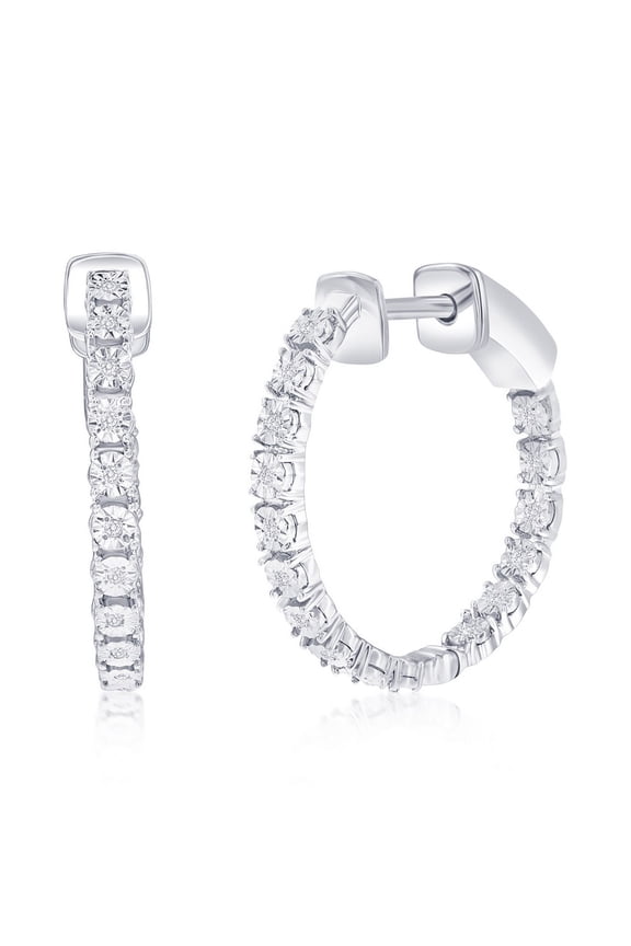 TheJewelryHut Designer Sterling Silver, 20mm Inside-Outside Diamond Hoop Earrings - (30 Stones)