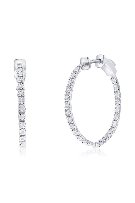 TheJewelryHut Designer Sterling Silver, 26mm Inside-Outside Diamond Hoop Earrings - (48 Stones)