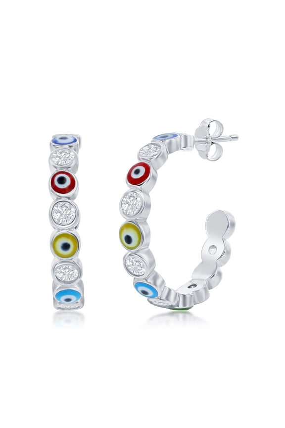 TheJewelryHut Designer Sterling Silver Alternating CZ & Multi-Color Enamel Evil Eye 20mm Hoop Earrings