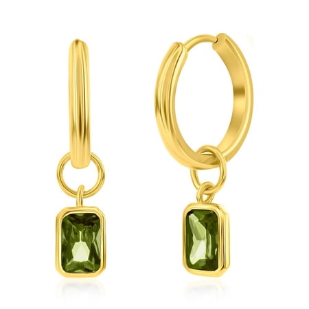 TheJewelryHut Designer Sterling Silver, 'August' Rectangle CZ Charm Hoop, Gold Plated Earrings - Peridot