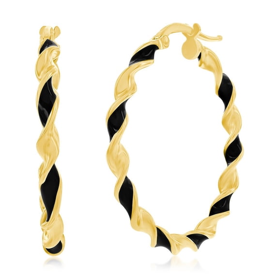 TheJewelryHut Designer Sterling Silver, Black Enamel 30mm Twisted Hoop Earrings - Gold Plated