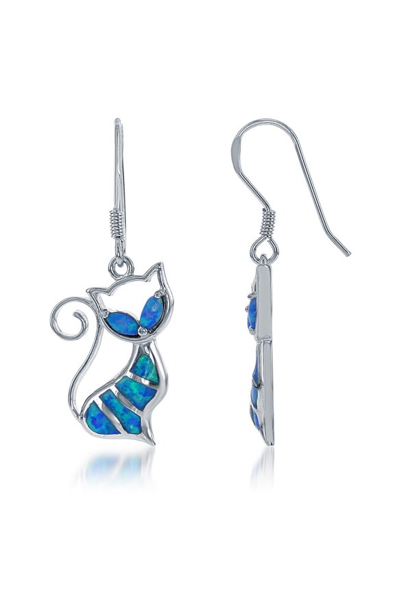 TheJewelryHut Designer Sterling Silver Blue Inlay Opal Cat Earrings