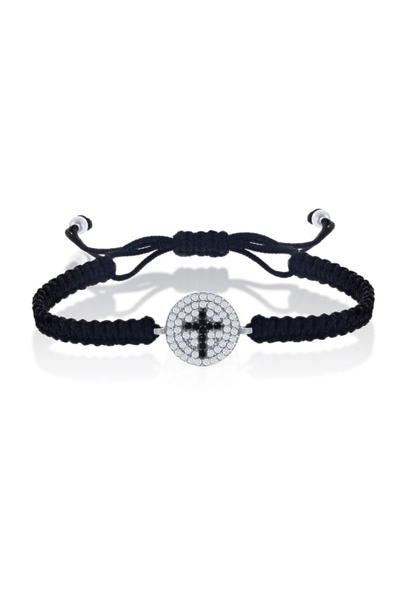 TheJewelryHut Designer Sterling Silver CZ Disc w/Black CZ Cross on Black Macrame Bracelet