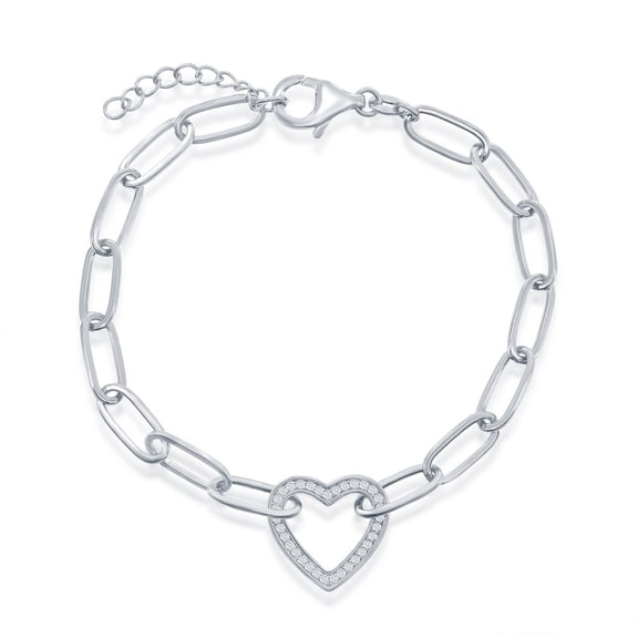 TheJewelryHut Designer Sterling Silver CZ Heart Paperclip Bracelet