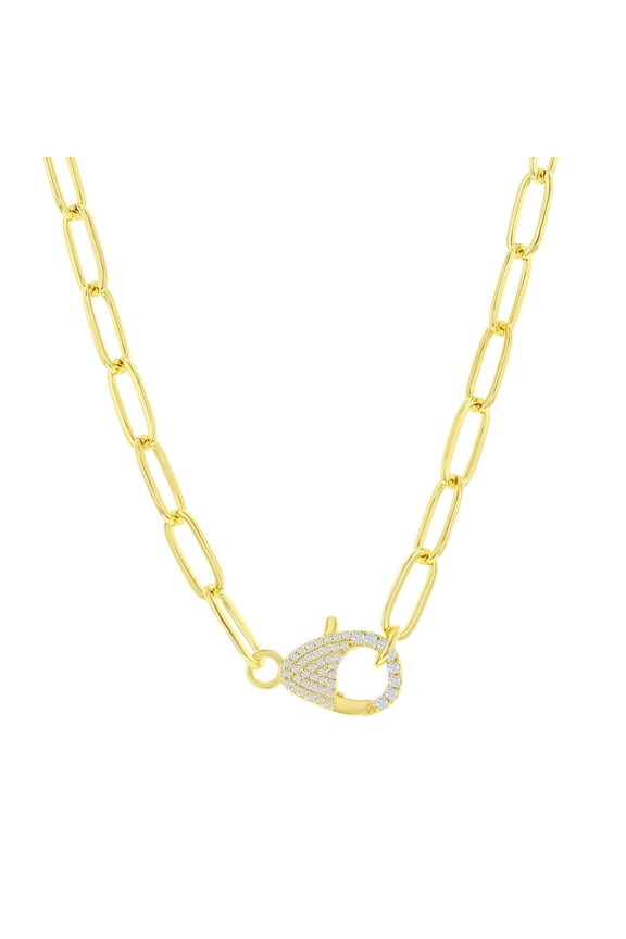 TheJewelryHut Designer Sterling Silver CZ Lobster Claw Closure Paperclip Necklace - Gold Plated