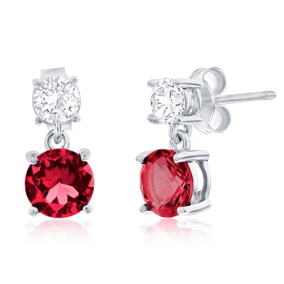 TheJewelryHut Designer Sterling Silver Double Round CZ Dangle Earrings - Ruby