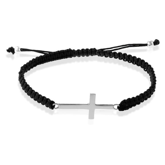 TheJewelryHut Designer Sterling Silver Flat Cross on Black Macrame Bracelet