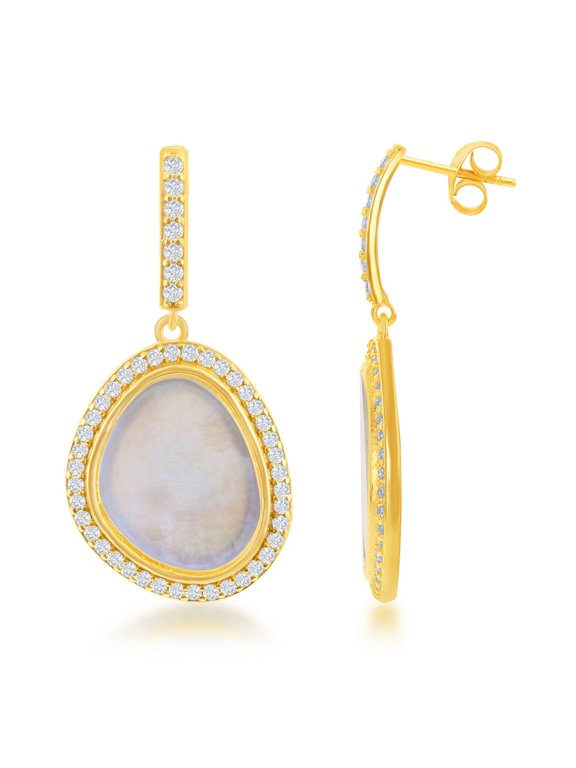 TheJewelryHut Designer Sterling Silver GP Dangling Nugget Shaped MOP with CZ Border Earrings