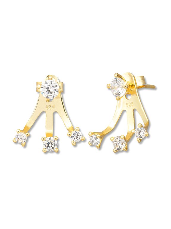 TheJewelryHut Designer Sterling Silver GP Round CZ Front with Prong Set Triple CZ Back Earrings