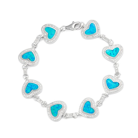 TheJewelryHut Designer Sterling Silver Heart Blue Inlay Opal with Micro Pave CZ Border Bracelet