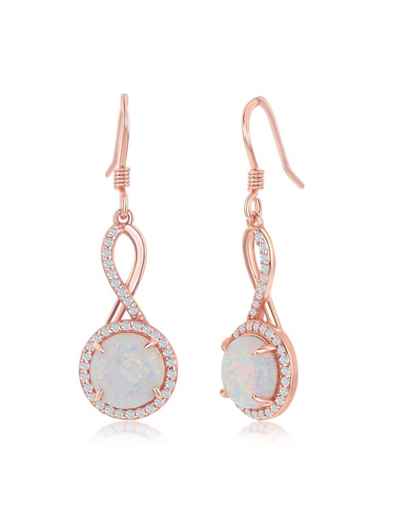 TheJewelryHut Designer Sterling Silver Infinity Design Round White Opal with CZ Halo Earrings - Rose Gold Plated