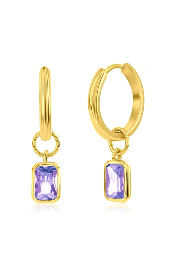 TheJewelryHut Designer Sterling Silver, 'June' Rectangle CZ Charm Hoop, Gold Plated Earrings - Lavender