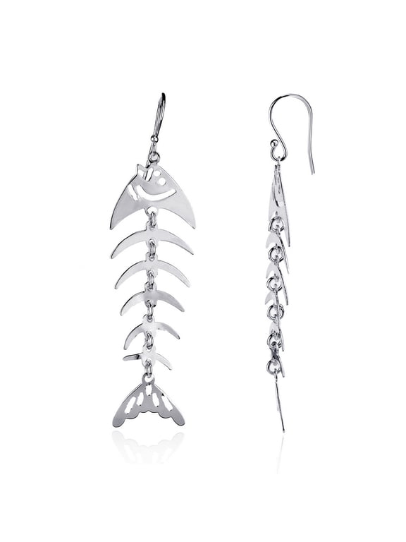 TheJewelryHut Designer Sterling Silver Long Dangling Fish Skeleton Earrings