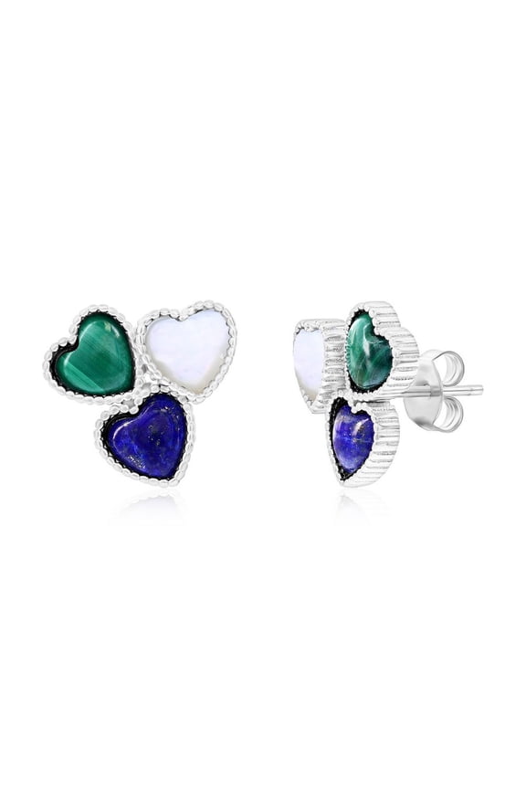 TheJewelryHut Designer Sterling Silver; MOP; Lapis; Malachite; Triple Cluster Heart Earrings