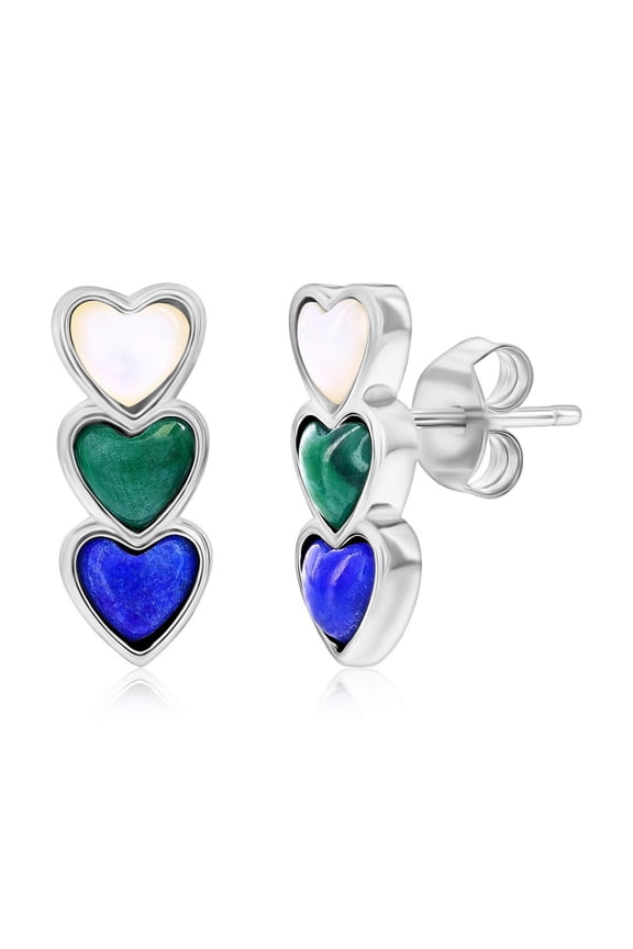 TheJewelryHut Designer Sterling Silver; MOP; Lapis; Malachite; Triple Heart Earrings
