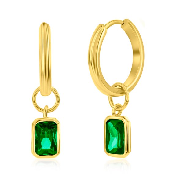 TheJewelryHut Designer Sterling Silver;May; Rectangle CZ Charm Hoop; Gold Plated Earrings - Emerald