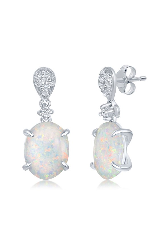 TheJewelryHut Designer Sterling Silver Micro Pave White Inlay Four-Prong Oval Dangle Earrings