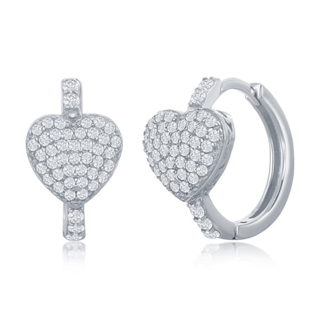 TheJewelryHut Designer Sterling Silver Mircro Pave CZ Heart Huggie Hoop Earrings