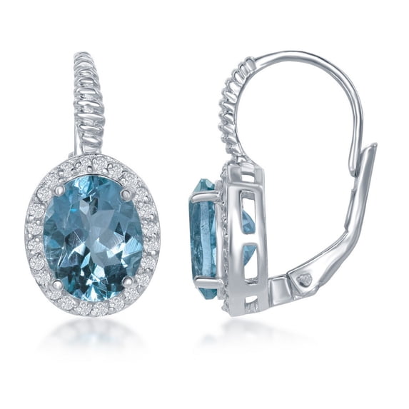 TheJewelryHut Designer Sterling Silver Oval Blue Topaz with White Topaz Border Earrings