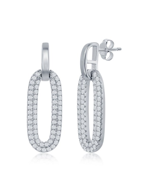 TheJewelryHut Designer Sterling Silver Oval Micro Pave CZ Door Knocker Earrings