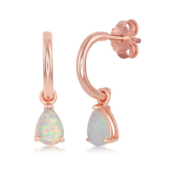 TheJewelryHut Designer Sterling Silver Pear-Shaped White Inlay Opal Open Hoop Earrings - Rose Gold Plated