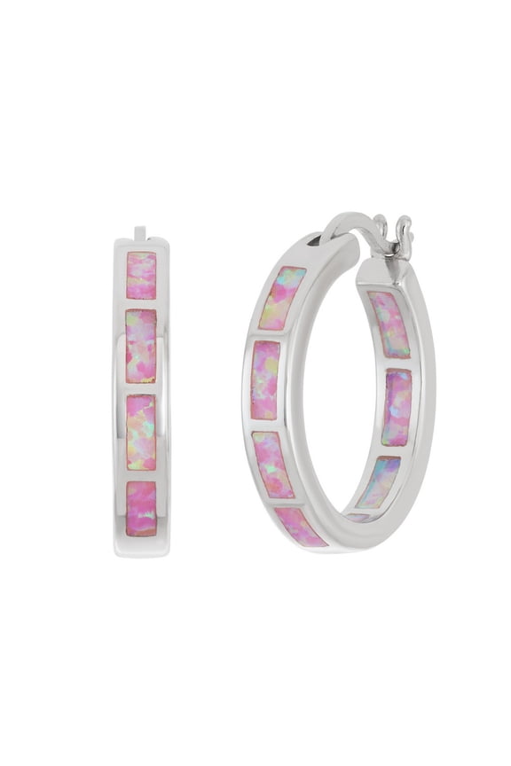 TheJewelryHut Designer Sterling Silver Pink Inlay Opal Hoop Earrings