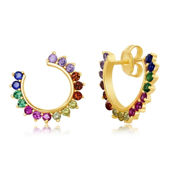 TheJewelryHut Designer Sterling Silver Rainbow CZ Open Hoop Stud Earrings - Gold Plated